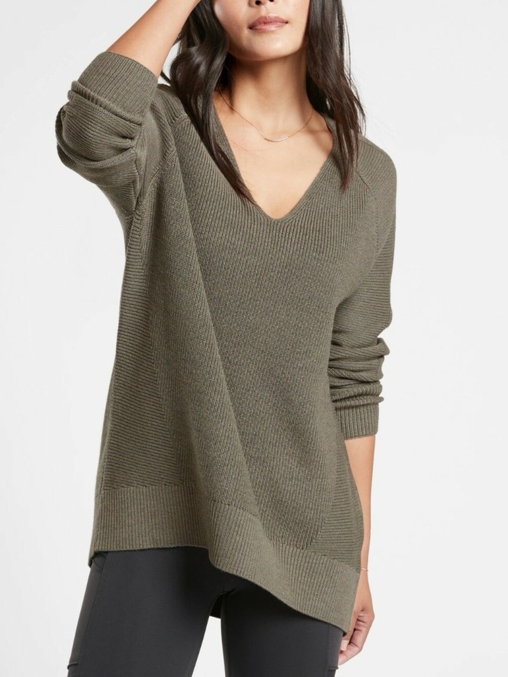 Athleta Hanover Merino Wool V-Neck Sweater Mountain Olive Heather XS